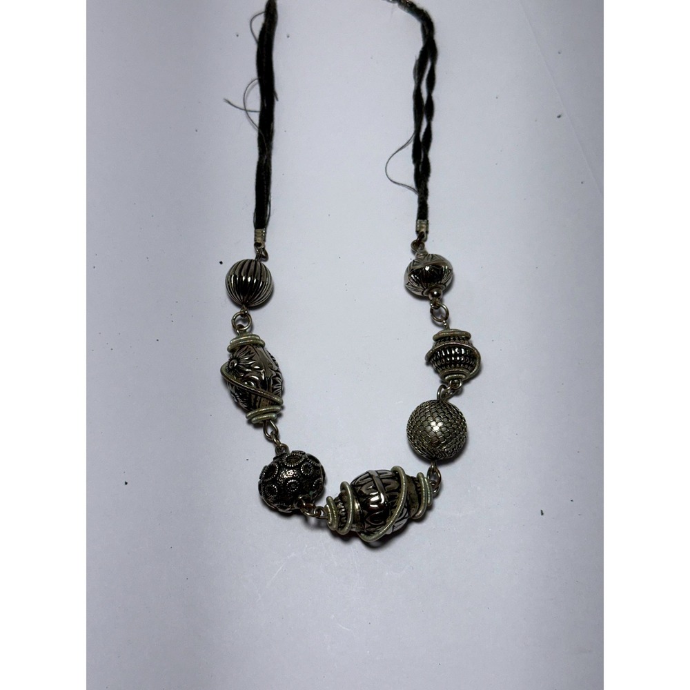 Bohemian Mixed Metal Silver Tone Bead Necklace Braided Cord Filigree Mesh 15in